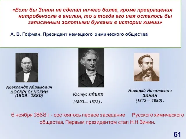 (1809—1880) Ю́стус ЛИ́БИХ (1803— 1873) . Николай Николаевич ЗИНИН (1812—