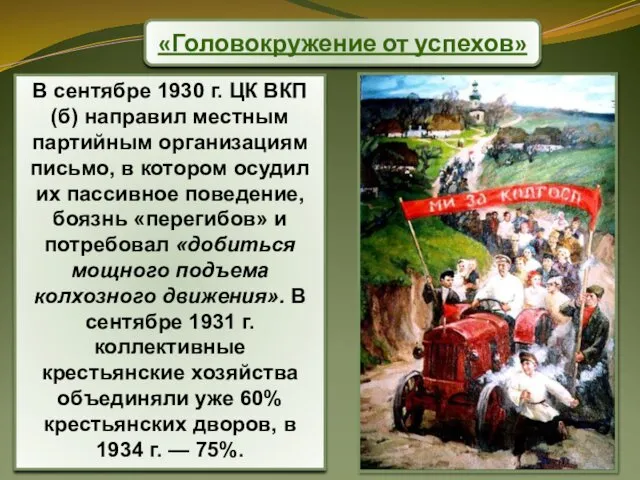 «Головокружение от успехов» В сентябре 1930 г. ЦК ВКП(б) направил