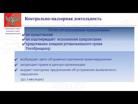 Контрольно-надзорная деятельность Отчет об исполнении предписания: не представлен не подтверждает