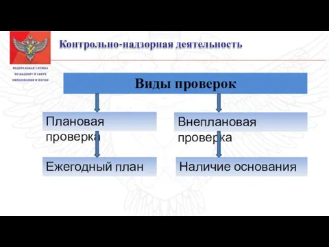 Контрольно-надзорная деятельность Виды проверок Плановая проверка Ежегодный план Внеплановая проверка Наличие основания