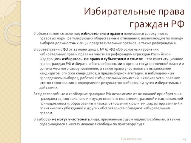 Избирательные права граждан РФ В объективном смысле под избирательным правом