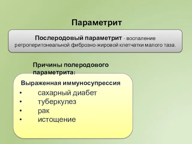 Параметрит Послеродовый параметрит - воспаление ретроперитонеальной фиброзно-жировой клетчатки малого таза.