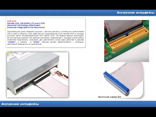 Внутренние интерфейсы Внутренние интерфейсы Ленточный шлейф IDE ATA/133 Parallel ATA,