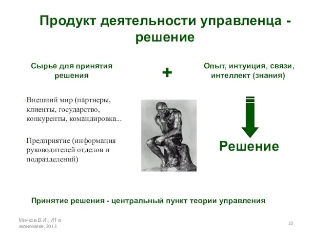 Минков В.И., ИТ в зкономике, 2013 Продукт деятельности управленца - решение Опыт, интуиция,