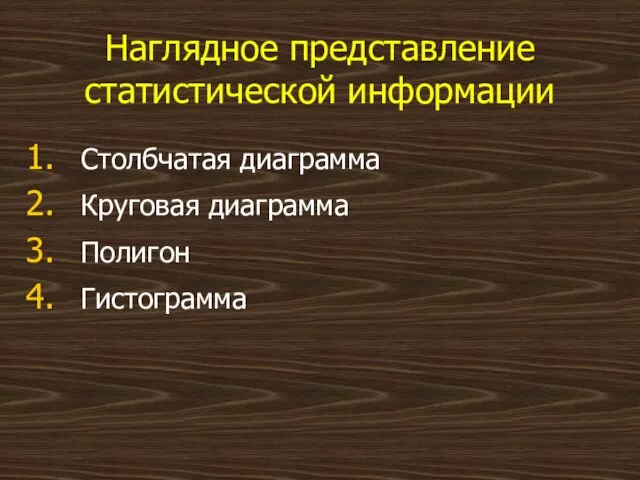 Наглядное представление статистической информации Столбчатая диаграмма Круговая диаграмма Полигон Гистограмма