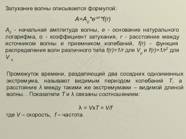 Затухание волны описывается формулой: А=А0*е-αr*f(r) А0 - начальная амплитуда волны,