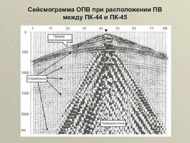 Сейсмограмма ОПВ при расположении ПВ между ПК-44 и ПК-45