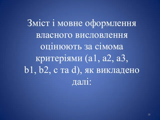 Зміст і мовне оформлення власного висловлення оцінюють за сімома критеріями