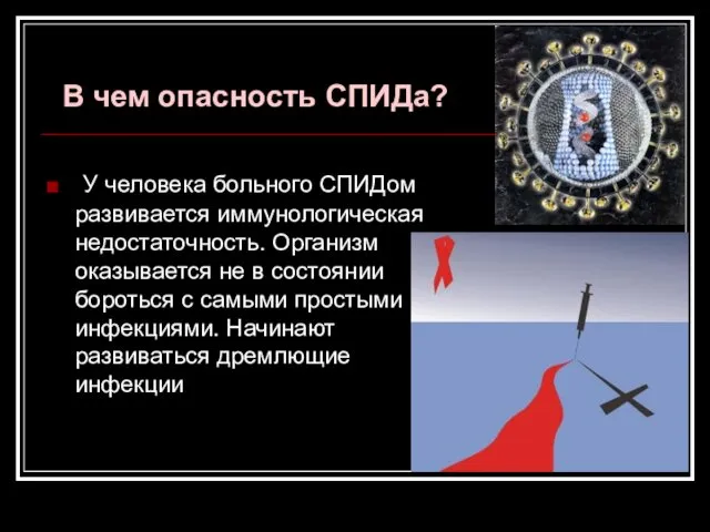 В чем опасность СПИДа? У человека больного СПИДом развивается иммунологическая