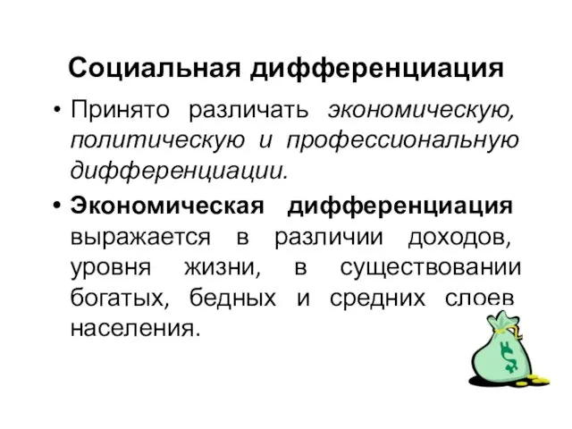 Социальная дифференциация Принято различать экономическую, политическую и профессиональную дифференциации. Экономическая