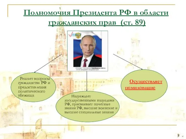 Полномочия Президента РФ в области гражданских прав (ст. 89) Решает