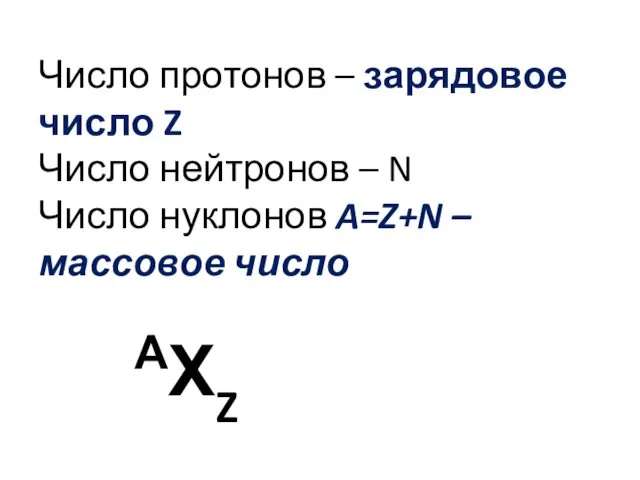 Число протонов – зарядовое число Z Число нейтронов – N Число нуклонов A=Z+N