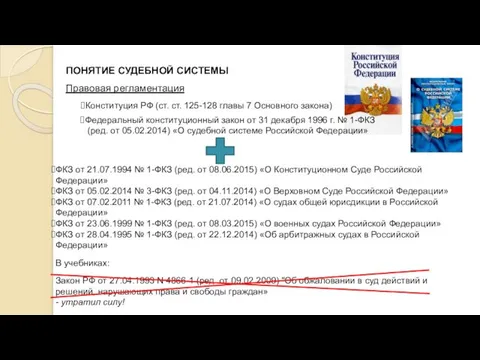 ПОНЯТИЕ СУДЕБНОЙ СИСТЕМЫ Правовая регламентация Конституция РФ (ст. ст. 125-128