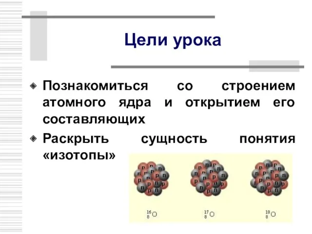 Цели урока Познакомиться со строением атомного ядра и открытием его составляющих Раскрыть сущность понятия «изотопы»