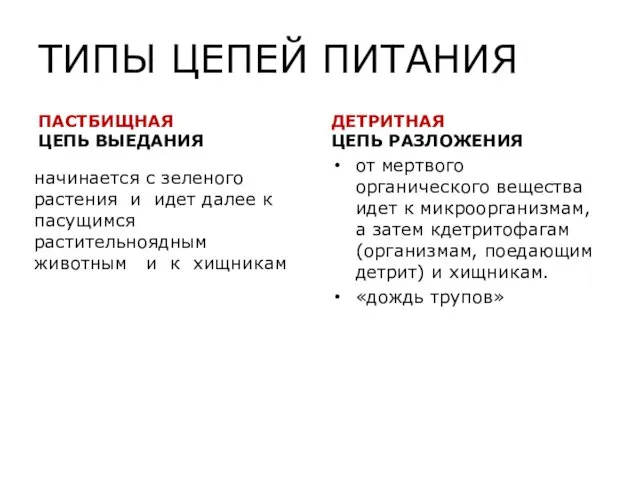 ТИПЫ ЦЕПЕЙ ПИТАНИЯ ПАСТБИЩНАЯ ЦЕПЬ ВЫЕДАНИЯ начинается с зеленого растения