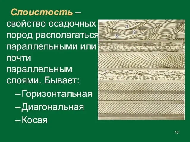 Слоистость – свойство осадочных пород располагаться параллельными или почти параллельным слоями. Бывает: Горизонтальная Диагональная Косая