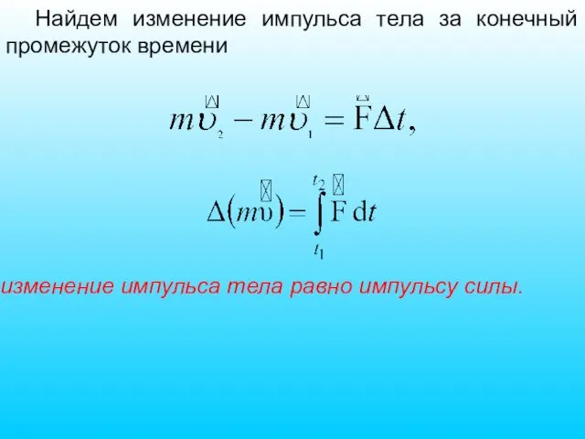 Найдем изменение импульса тела за конечный промежуток времени изменение импульса тела равно импульсу силы.