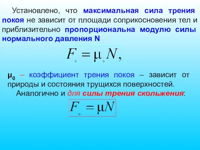 Установлено, что максимальная сила трения покоя не зависит от площади