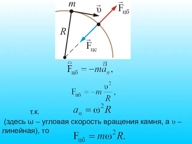 т.к. (здесь ω – угловая скорость вращения камня, а υ – линейная), то