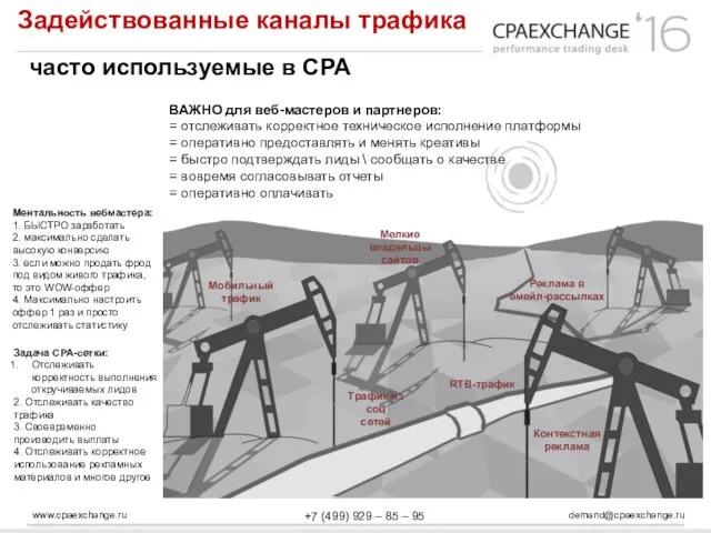 www.cpaexchange.ru demand@cpaexchange.ru +7 (499) 929 – 85 – 95 Задействованные каналы трафика часто