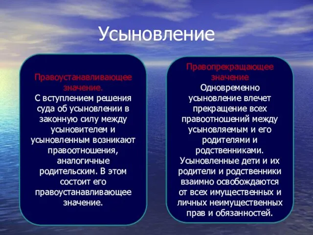 Усыновление Правоустанавливающее значение. С вступлением решения суда об усыновлении в