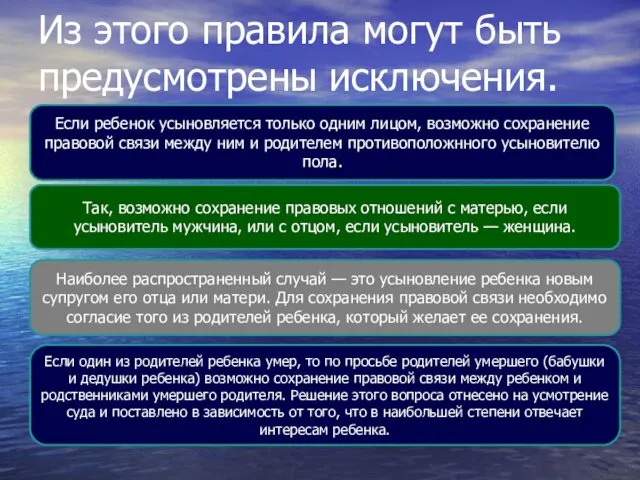 Из этого правила могут быть предусмотрены исключения. Если ребенок усыновляется