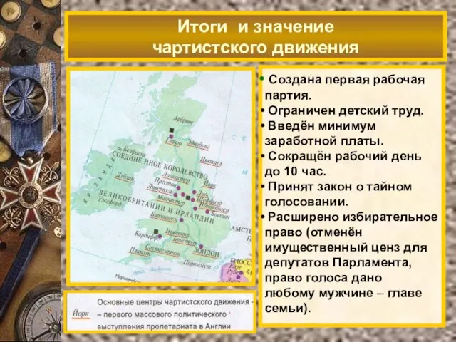 Итоги и значение чартистского движения Создана первая рабочая партия. Ограничен