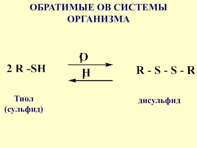 ОБРАТИМЫЕ ОВ СИСТЕМЫ ОРГАНИЗМА Тиол (сульфид) дисульфид