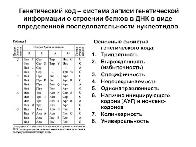 Генетический код – система записи генетической информации о строении белков