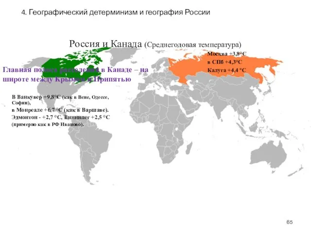 Россия и Канада (Среднегодовая температура) Москва +3,8°С в СПб +4,3°С