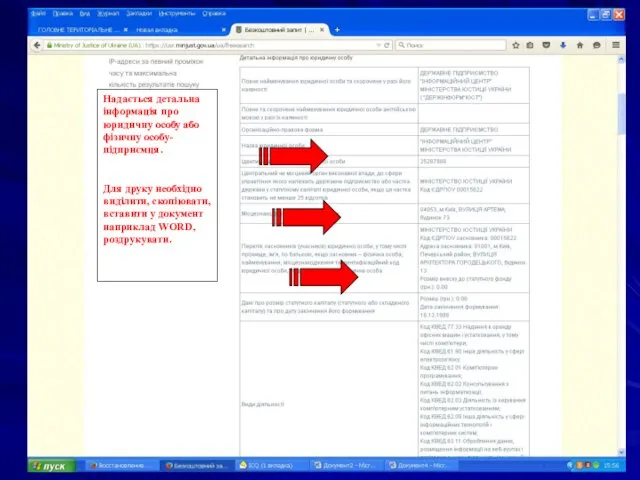 Надається детальна інформація про юридичну особу або фізичну особу-підприємця. Для