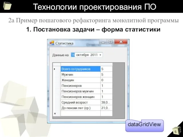 Технологии проектирования ПО 1. Постановка задачи – форма статистики 2а Пример пошагового рефакторинга монолитной программы dataGridView