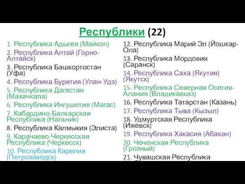 Республики (22) 1. Республика Адыгея (Майкоп) 2. Республика Алтай (Горно-Алтайск)