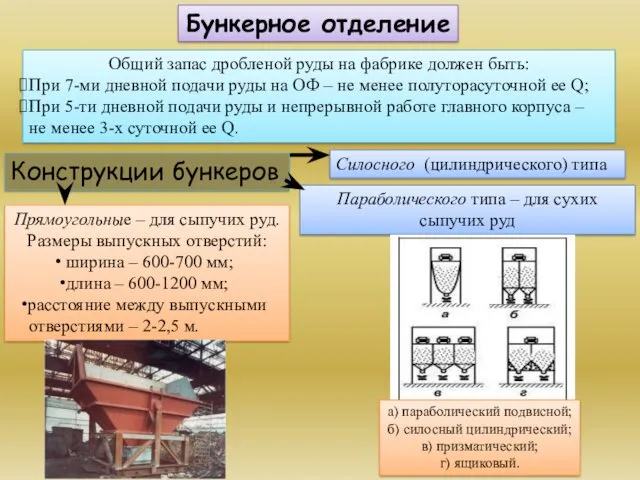 Бункерное отделение Общий запас дробленой руды на фабрике должен быть: При 7-ми дневной