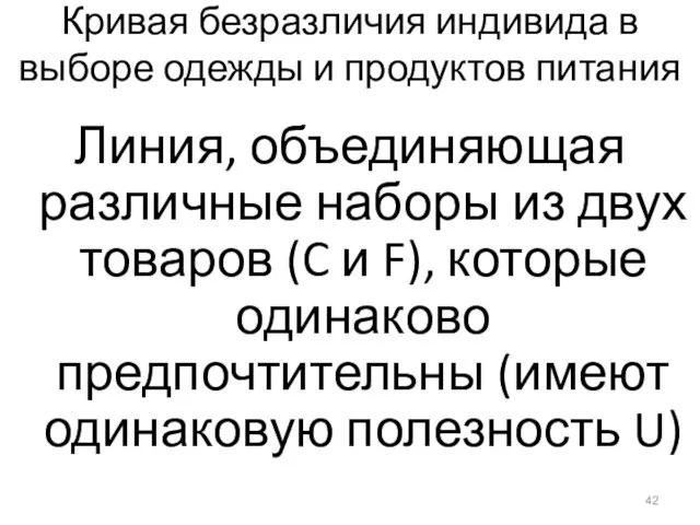 Кривая безразличия индивида в выборе одежды и продуктов питания Линия,