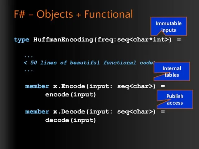 F# - Objects + Functional type HuffmanEncoding(freq:seq ) = ...