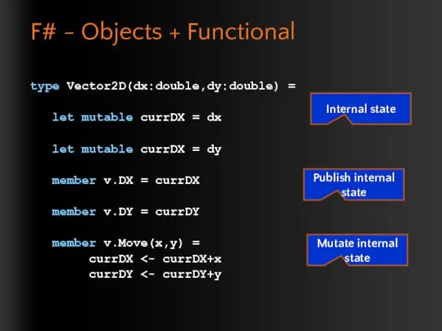 F# - Objects + Functional type Vector2D(dx:double,dy:double) = let mutable