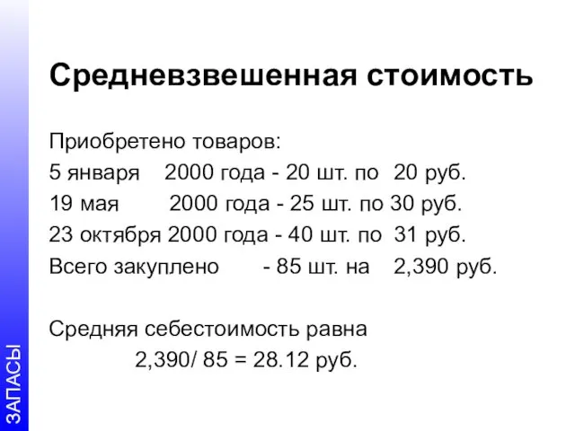 Средневзвешенная стоимость Приобретено товаров: 5 января 2000 года - 20