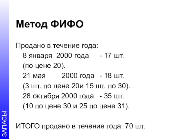 Метод ФИФО Продано в течение года: 8 января 2000 года