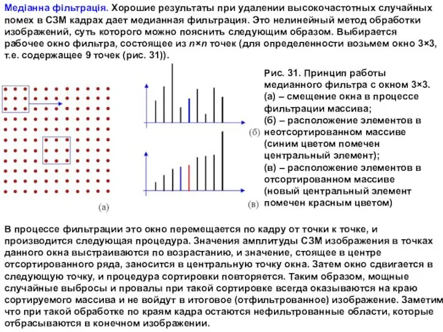 Медіанна фільтрація. Хорошие результаты при удалении высокочастотных случайных помех в