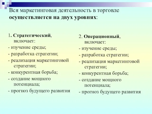 Вся маркетинговая деятельность в торговле осуществляется на двух уровнях: 1.