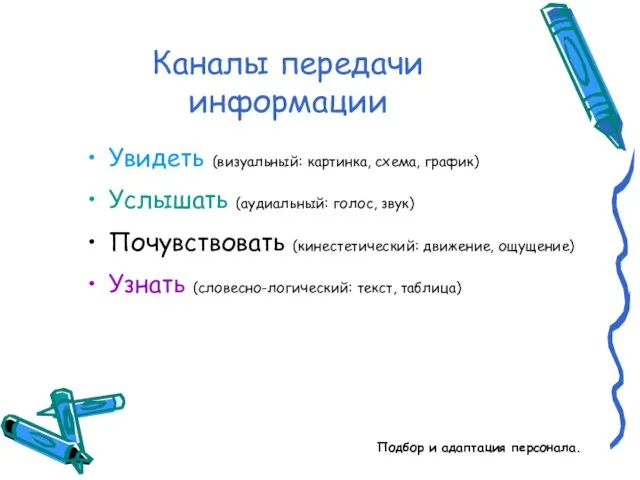 Подбор и адаптация персонала. Каналы передачи информации Увидеть (визуальный: картинка,