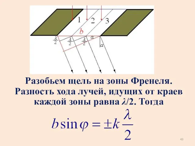 Разобьем щель на зоны Френеля. Разность хода лучей, идущих от краев каждой зоны равна λ/2. Тогда