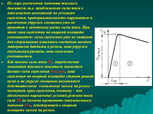 По мере увеличения момента тягового двигателя, т.е. приближения силы тяги