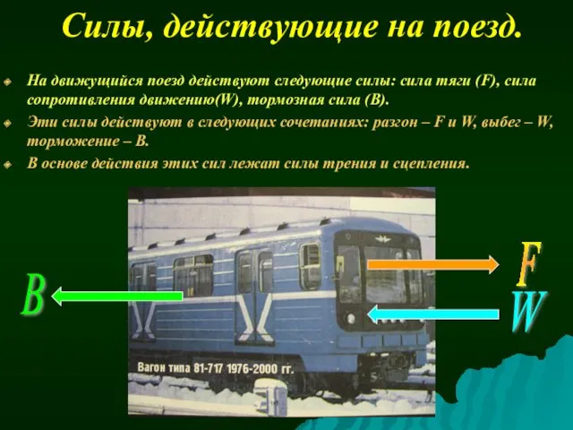 Силы, действующие на поезд. На движущийся поезд действуют следующие силы: