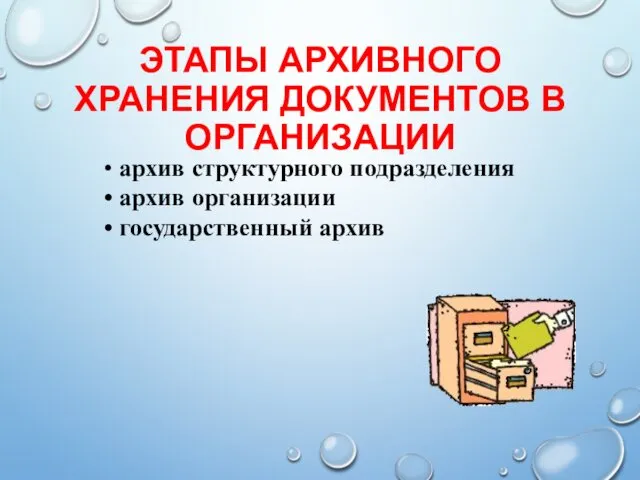 ЭТАПЫ АРХИВНОГО ХРАНЕНИЯ ДОКУМЕНТОВ В ОРГАНИЗАЦИИ архив структурного подразделения архив организации государственный архив