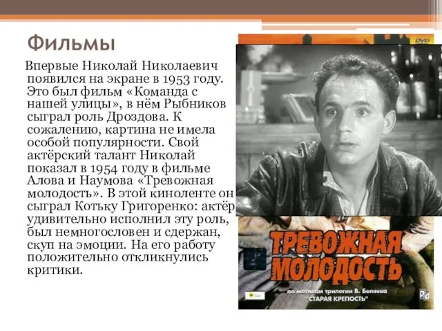 Фильмы Впервые Николай Николаевич появился на экране в 1953 году.