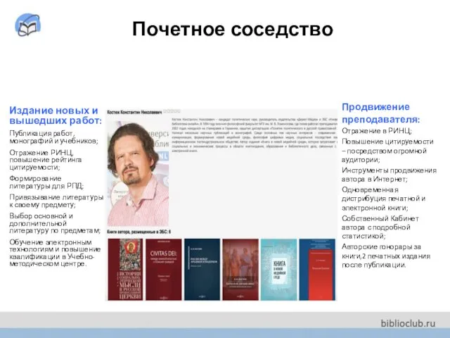 Почетное соседство Издание новых и вышедших работ: Публикация работ, монографий