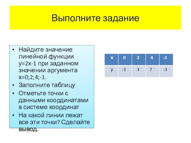 Выполните задание Найдите значение линейной функции у=2х-1 при заданном значении