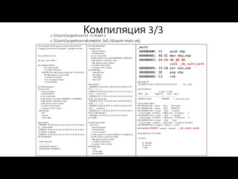 Компиляция 3/3 c:\Users\espetrov>cl –c main.c c:\Users\espetrov>dumpbin /all /disasm main.obj